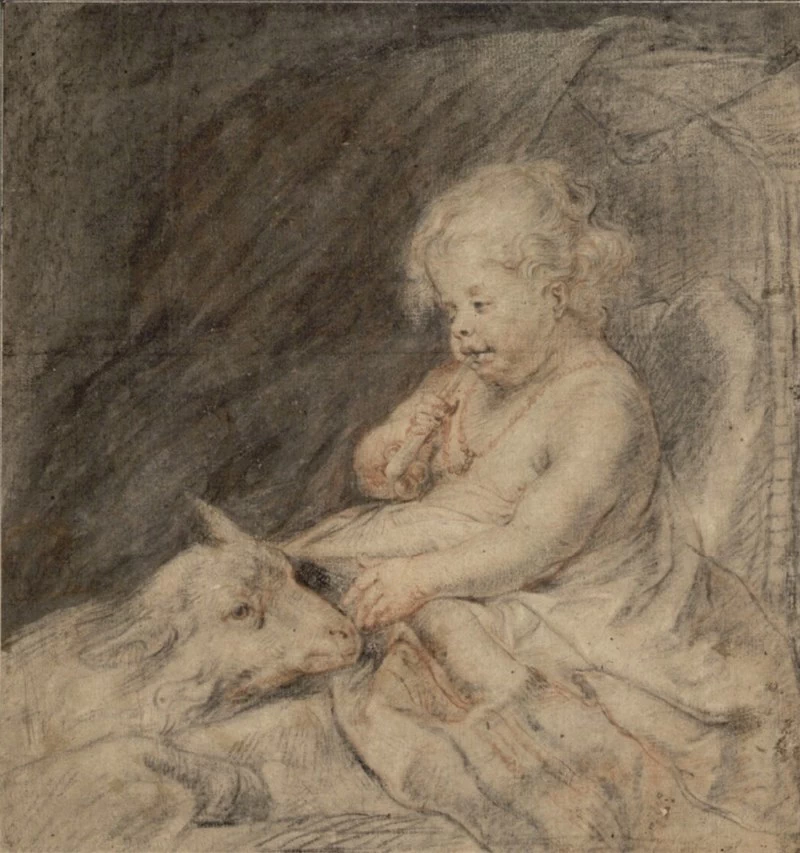 Disegno - Bambino con una pipa da pastore nella culla e un agnello che posa la testa sulle ginocchia